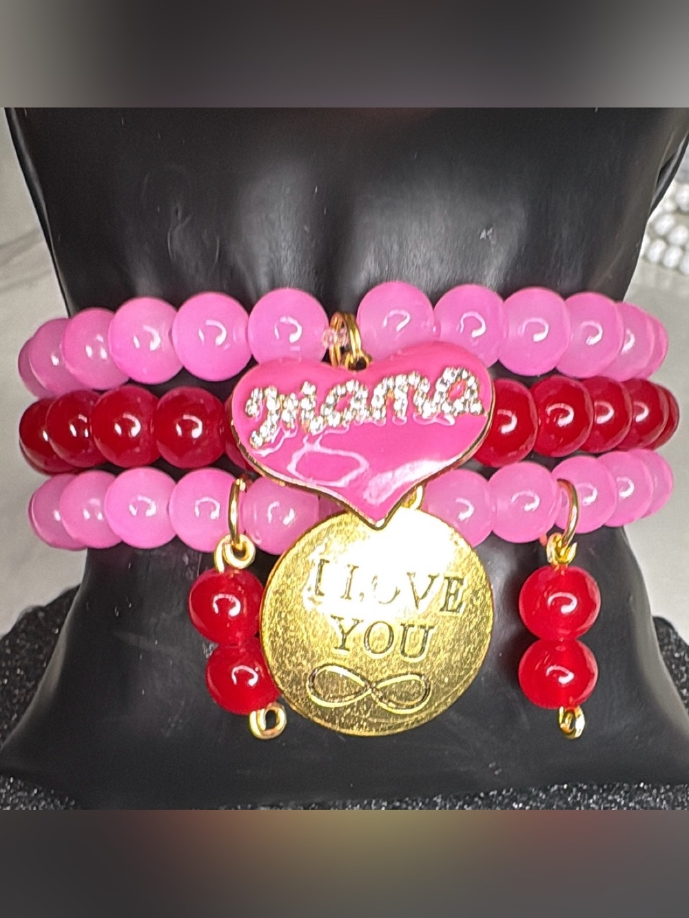 Pink & Red 'Mama' Heart Charm Beaded Bracelet Set